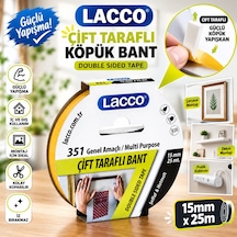 Lacco Çift Taraflı Köpük Bant 15 Mm X 25 M Güçlü Yapışkanlı Montaj Bandı Çok Amaçlı Beyaz 1 Adet