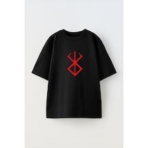 Thewert Unisex Kanji Berserk Logo Tasarım Baskılı Pamuk Sıyah Oversize T-shirt Siyah