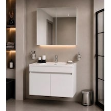 Modern 80 Cm Beyaz Mdf Hilton Aynalı Seramik Lavabolu Banyo Dolabı Takımı Alt Ve Üst Dolaplı