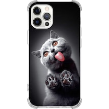 Apple Uyumlu iPhone 12 Pro Kedi 2 Baskılı Şeffaf Köşe Korumalı Antişok Kılıf