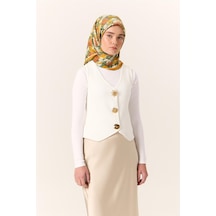Silk Home Organik Pamuk İpek Eşarp Turuncu Sarı Yeşil Çiçek Desenli Tok Duruşlu 90x90 Çok Renkli