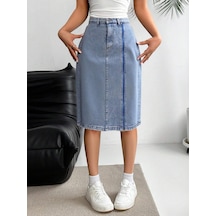 Shevega Kadın Taş Yikama Ön Fermuar Detayli Kot Etek Mavi