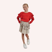 Panço Kız Çocuk Kolları Fırfır Detaylı T-shirt Bej-melanj Kırmızı