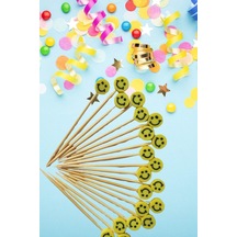 30 Adet Gülen Yüz Emoji Pasta Kürdanı 6 Cm - Pasta Süsü- Cupcake Çok Renkli