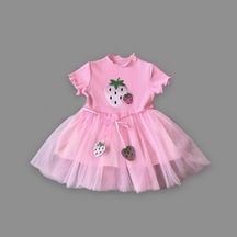 Alfa Expres 1-2-3 Yaş Payetli Çilek Baskılı Çilek Kuşaklı Kız Bebek Elbisesi Pembe Pembe