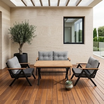Venedik 2+1+1+ 70x120 Ceviz Desenli Masa Metal Balkon Takımı Keten Dokulu Kumaş Siyah Metal - Bahçe Teras Oturma Grubu Gri - Antrasit