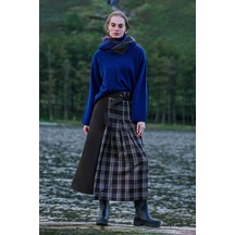 Manuka Pileli Kare Desenli Kemerli Etek Kahverengi Aw26etk00006-122