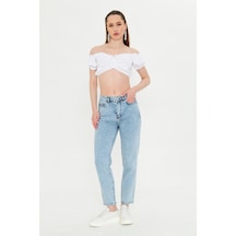 Kutaf Kar Yıkama Açık Mavi Slim Fit Mom Jean Açık Mavi