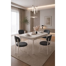 Renlife Açılır Yemek Masası Ve Sandalye Seti Metal Ayaklı 4 Sandalye + 80x130 Masa Beyaz Mermer Krem Beyaz Mermer Antrasit
