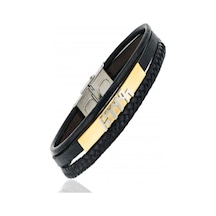 Erkek Deri Bileklik - Çepni Göktürkçe Işlemeli Çoklu Deri Çelik Plaka Deri Bileklik