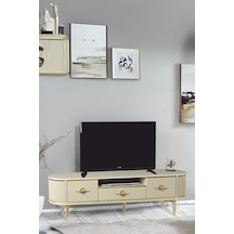 Duru Tv Sehpası Cappuccino Gold 2 Kapaklı 1 Çekmeceli Mebran Kapaklı Oval Tasarım 180x40x50 Cm