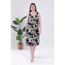 Madwilo Kadın Siyah Bej Floral Desen Askılı Büyük Beden Elbise Siyah - Sarı
