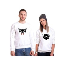 Tshirthane Cat Sevgili Kombinleri Unisex Sweatshirt Kırık Beyaz
