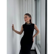 Kolsuz Yarım Bogazlı Uzun Elbise- Siyah Siyah