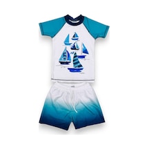 Lolliboomkids Erkek Çocuk Yelken Denizci Baskılı Mavi - Sarı Beyaz T-shirt Şort Mayo Seti Üst Dalgıç Alt Paraşüt Mavi Desenli