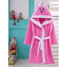 Çocuk Kapüşonlu Pembe Tavşan Desenli Pamuklu Bornoz Pembe
