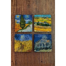 Doğal Taş Bardak Altlığı Vinced Van Gogh Eserleri Baskılı Baskılı 4'lü Set 10x10x1cm Çok Renkli