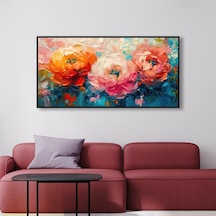 Yağlı Boya Dokulu Tablo Renkli Modern Yatay Çiçekler Siyah Çerçeveli U02043-178896