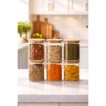 Porsima 5-3 Bambu Vakumlu Kapaklı Kare Borsilikat Cam 6lı Kavanoz Seti Saklama Kabı 750ml 7,5x15cm Ahşap - Şeffaf