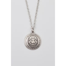 Kabartmalı Aslan Madalyon Kolye - Düz Ezme İthal Zincirli Unisex Gümüş Kaplama - 60 Cm Gümüş