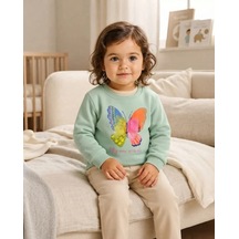 Tuffy Mint Nil Yeşili Kelebek Baskılı Bebek Sweatshirt Rahat Kalıp