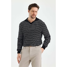 Cool Tarz Erkek Patlı Slim Fit Çizgi Detaylı Uzun Kollu Polo Yaka Triko Kazak Siyah Siyah