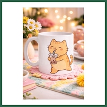 Bezos Sevimli Kedi Bubble Tea Tasarımlı Porselen Kupa Model 192 Boba Çayı İçen Kedi Kahve Kupası Kedi Severlere Hediyelik Kupa Bardak Bzs01 Diğer