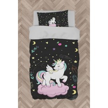 Mekta Home Bebek Ve Çocuk Odası Pembe Bulut Üzerinde Unicorn Desenli Siyah Nevresim Takımı