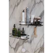 2li Set Banyo Düzenleyici Şampuanlık Mat Siyah Yapışkanlı 4 Askılı Duş Rafı Paslanmaz Organizer Siyah