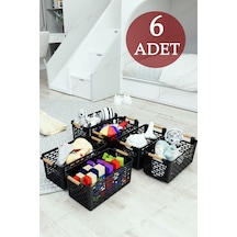 6 Adet Ahşap Saplı Görünüm Siyah Renk Plastik Mutfak Banyo Eşya Organizer Sepet Düzenleyici Set Siyah