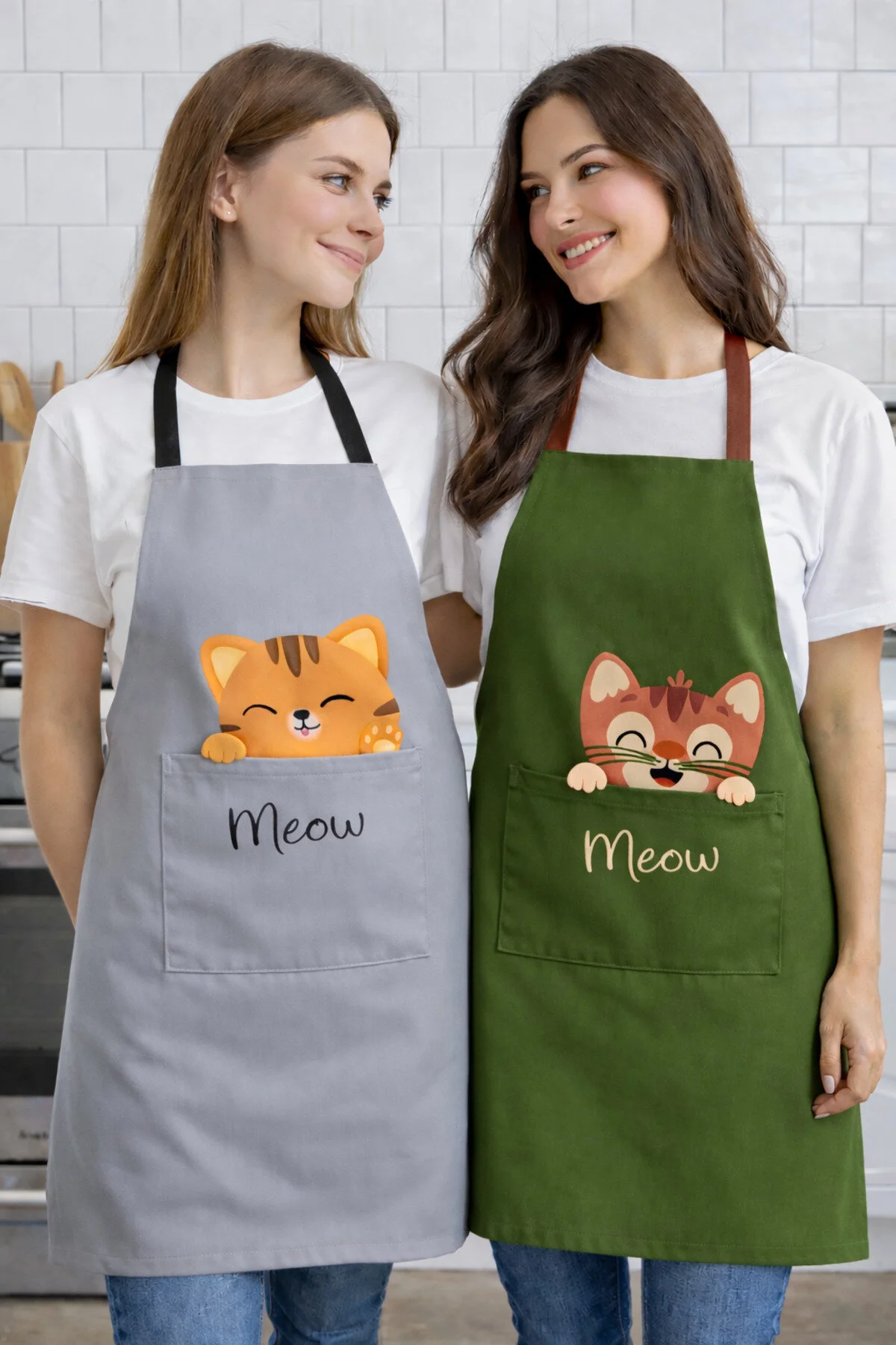 Ays Home Kedi Basklı Cepli 2'li Mutfak Önlüğü Seti Gri