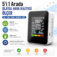 5'i 1 Arada Dijital Hava Kalitesi Ölçer Co2 Tvoc Hcho Sıcaklık Nem Ölçer Şarjlı Hava Kalitesi Dedektörü Hd Ekranlı Beyaz