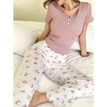 Kadın Çiçekli Desen Yumuşak Pamuklu Uzun Pijama Takımı 5131 Ekru
