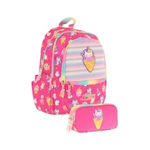 Kaukko Kız Çocuk Dört Gözlü Okul Çantası Ve Üç Gözlü Kalem Çantası Seti - Pembe - Dondurma L5227+l8227 Pembe