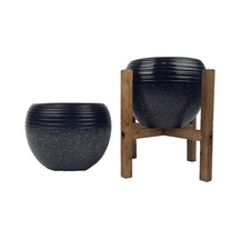 Bitki Tasarımı Ev Dekorasyon  Siyah Granit Küp Saksı Saksılık Salon Çiçeklik İkili Set (4 Ayaklı-Ayaksız)