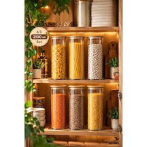 Porsima 4-3 Bambu Vakumlu Kapaklı Yuvarlak Borosilikat Cam 6lı Kavanoz Seti Saklama Kabı 2100ml 10x30cm Cam - Şeffaf