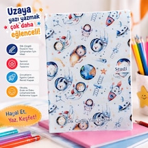 Studi Uzay Astronot Desenli Dik Çizgili Yazı Defteri Çocuk Öğrenci Güzel Yazı Çalışma Defteri Çok Renkli