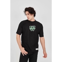 Unisex Waffle Kumaş Çift Katlamalı Kol Baskılı T-shirt - Siyah Siyah