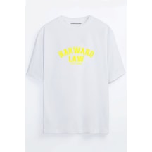 Harward Law Baskılı Unisex Siyah -beyaz - Turuncu - Bej Oversize T-shirt Beyaz
