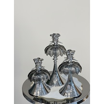 Furkan Metal Kristal Taşlı Gümüş 3'lü Cam Dekoratif Mumluk Şamdanlık Seti