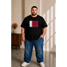 Sngl Tekstil Erkek Büyük Beden Kısa Kollu Katar Bayrak Baskılı Tişört 3xl 4xl 5xl 6xl 7xl 8xl 9xl Siyah