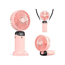 Şarjlı El Vantilatörü - Led Dijital Ekranlı 5 Kademe Rüzgar Hızlı Mini Masaüstü Fan, Boyun Askılı Katlanabilir Şarj Edilebilir Taşınabilir Vantilatör, Telefon Standlı Type-c Şarjlı Pembe