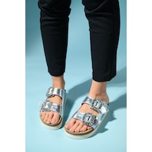 Luvishoes Polacca Gümüş Cilt Taşlı Çift Bantlı Hakiki Deri Kadın Kalın Tabanlı Terlik Gümüş