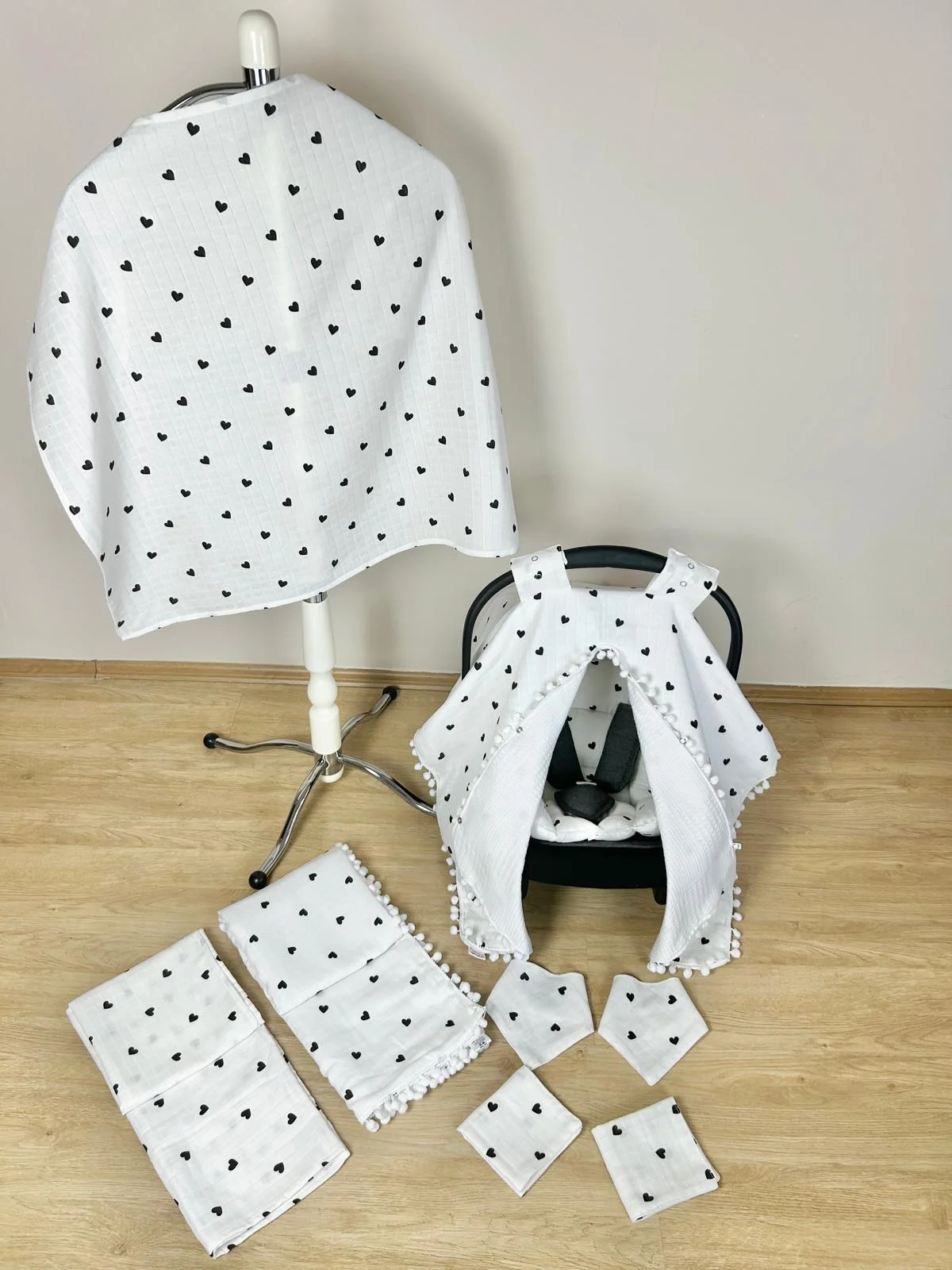 %100 Pamuk 9 Parça Çift Taraflı Muslin Set&siyah Kalp