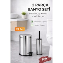 Pedallı 8 Lt Paslanmaz Metal Çöp Kovası Ve Tuvalet Fırçası, 2 Li Banyo Ve Wc Seti Krom Titan 7108