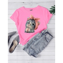 Oversize Pembe Sevimli Minik Kedi Baskılı T-shirt Unisex Rahat Kalıp Pembe