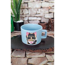 Ramen Kedi Noodle 4 Baskılı Japon Yiyecek Anime Kedi Kare Kulplu Fincan Mavi Kupa Bardak MAvi