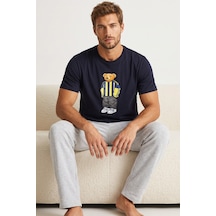 Siyah İnci Baskılı Pamuklu Örme Kısa Kollu Pijama Takım 8075 Lacivert