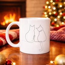 Minimal Çizim İki Kedi Desenli Porselen Kupa Model 77 Sevgi Temalı Şık Tasarım, Kahve & Çay Kupası Diğer