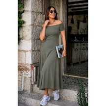Butik İstanbul Kadın Omuzlardan Açık Lastikli Uzun Viskon Elbise Yeşil
